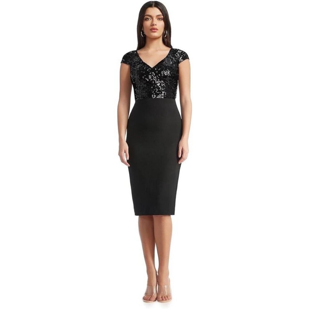 NWT Dress The Population Jaleah Black Sequin V-Neck Bodycon Midi Dress Size L - Picture 2 of 10